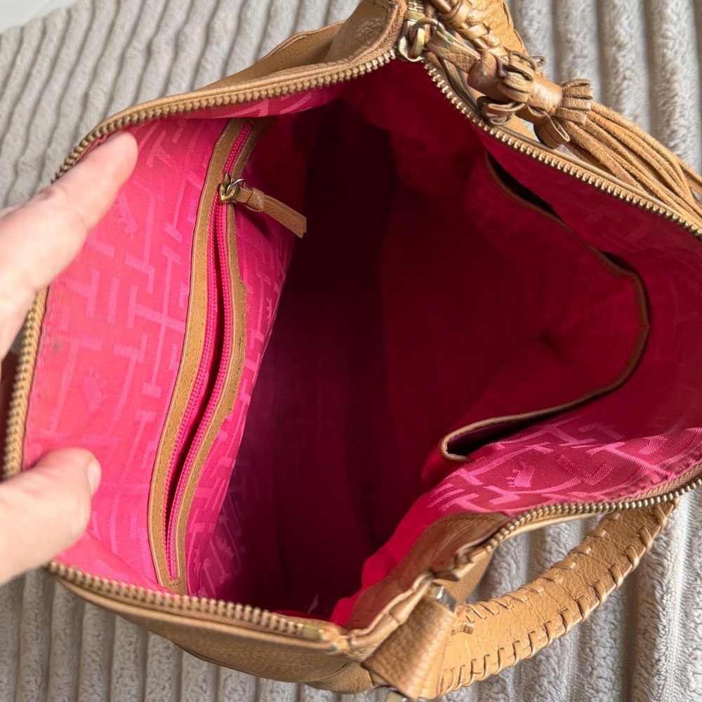 Elaine Turner Tan Pebbled Leather Hobo Bag Braided Strap Tassel Pink Lining - Picture 3 of 11